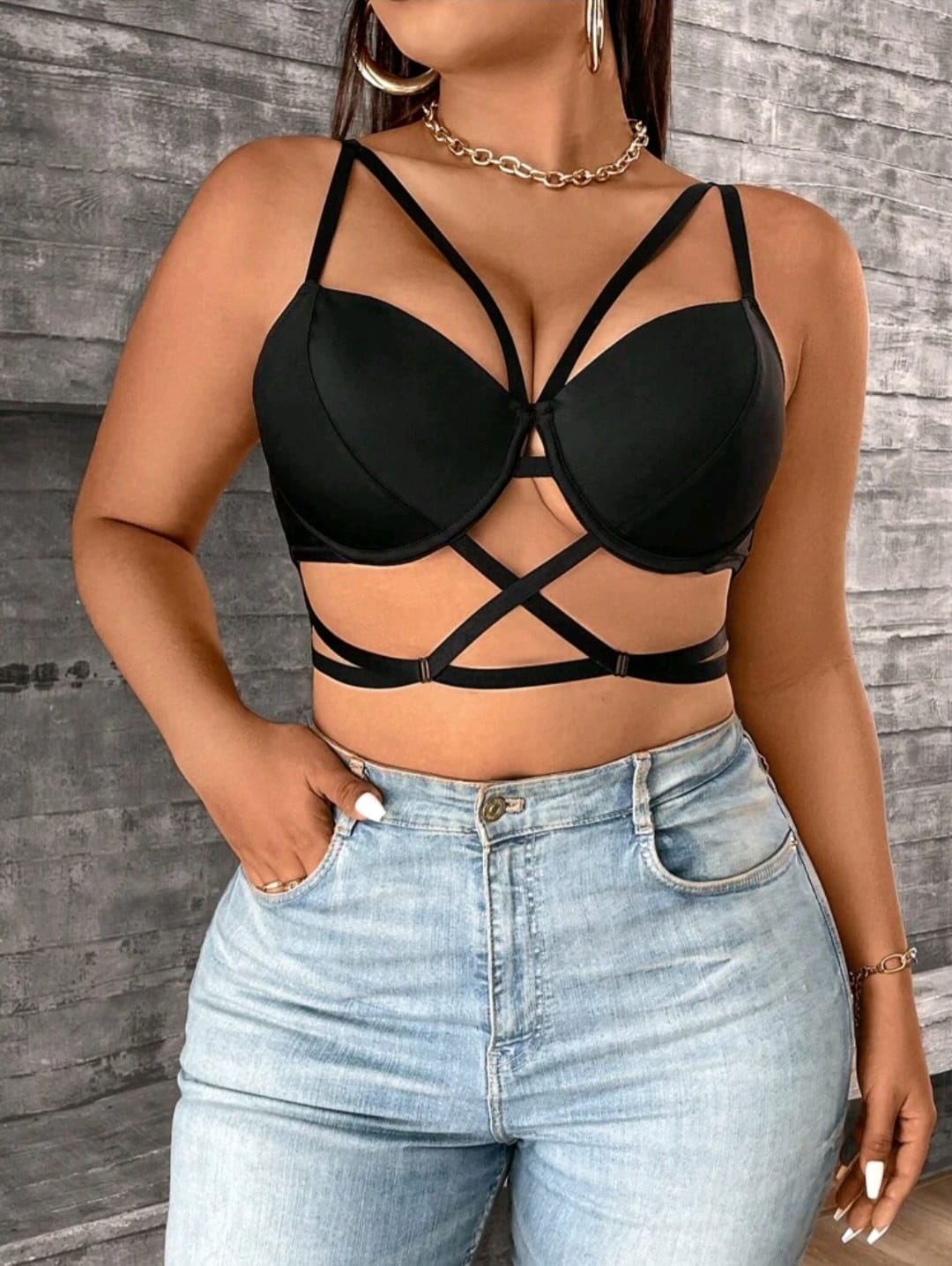 Crop Top Negro para usar con Transparencias - Poco Strech - Talla XL