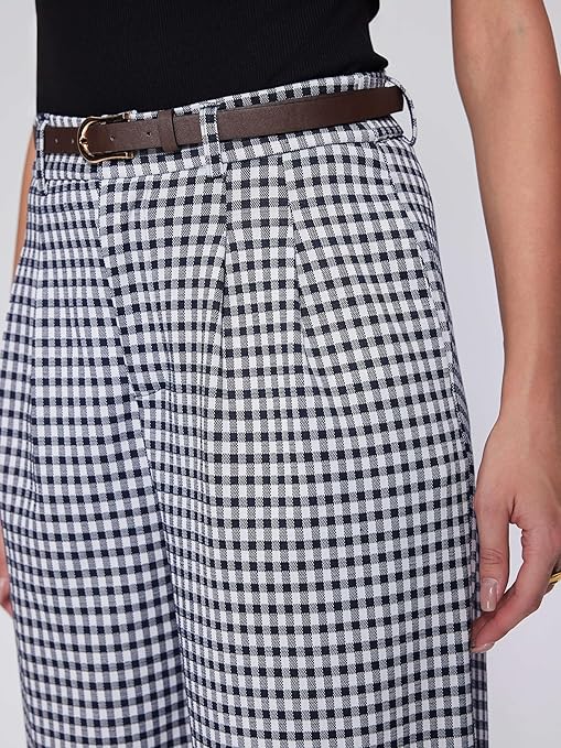 Pantalon Cuadricula Blanco / Negro con Faja - Stretch de la Cintura - Talla XL