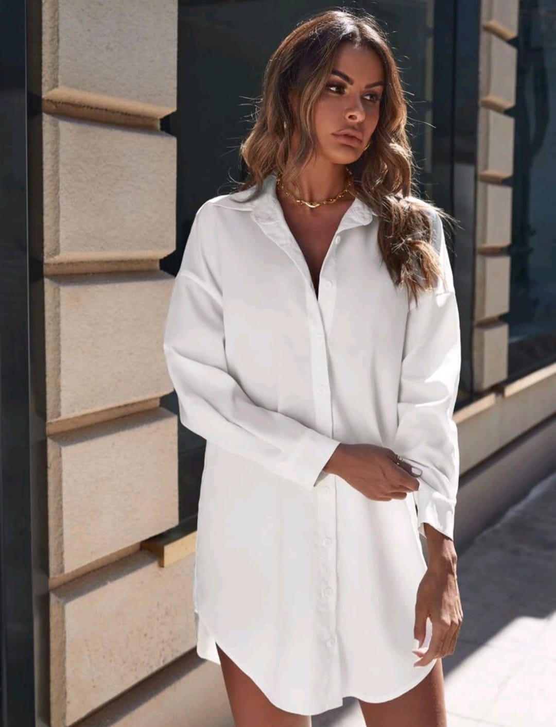 Vestido Tipo Camisa Blanco - Stretch - Talla XL