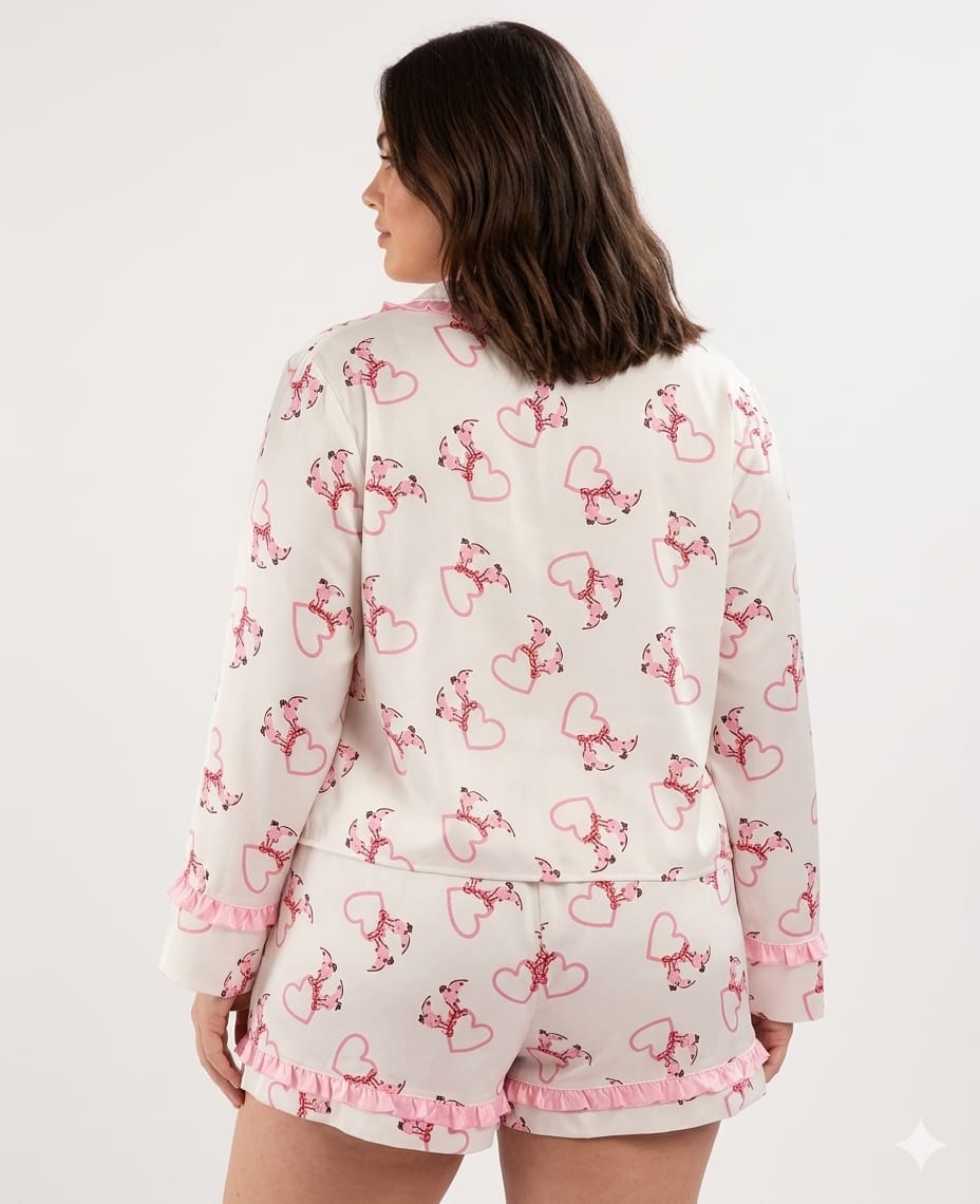 Pijama de Satin Rosa / Blanco Hueso 2 Pzas - No Stretch - Talla XL