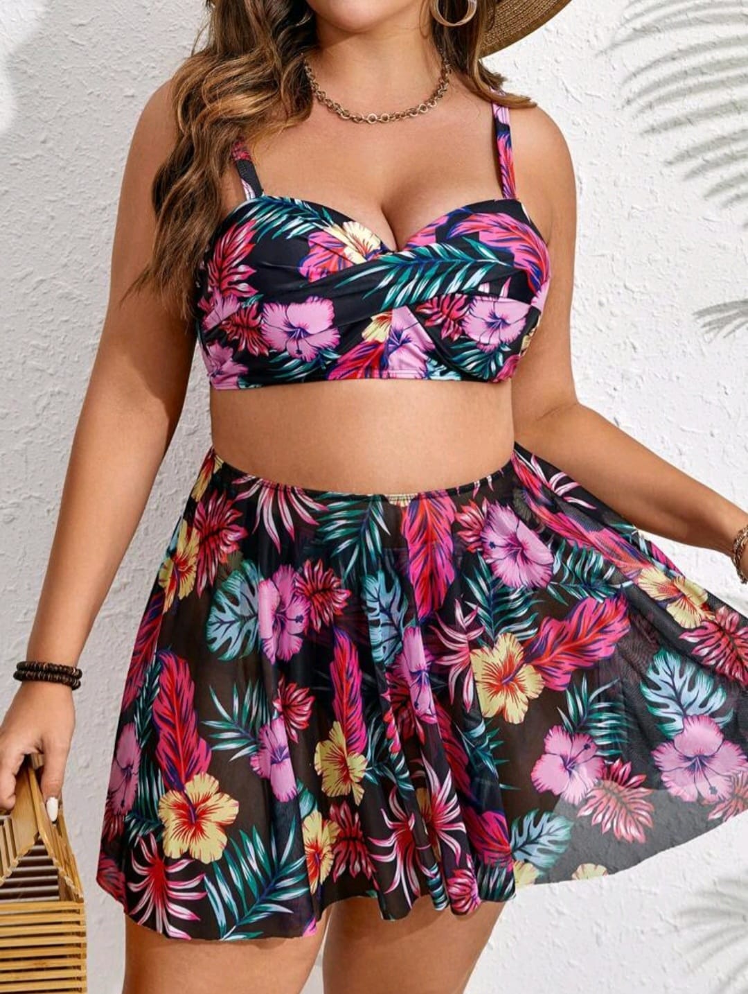 Traje de Baño Floral con Salida de Baño 3 pzas - Stretch - Talla 1XL