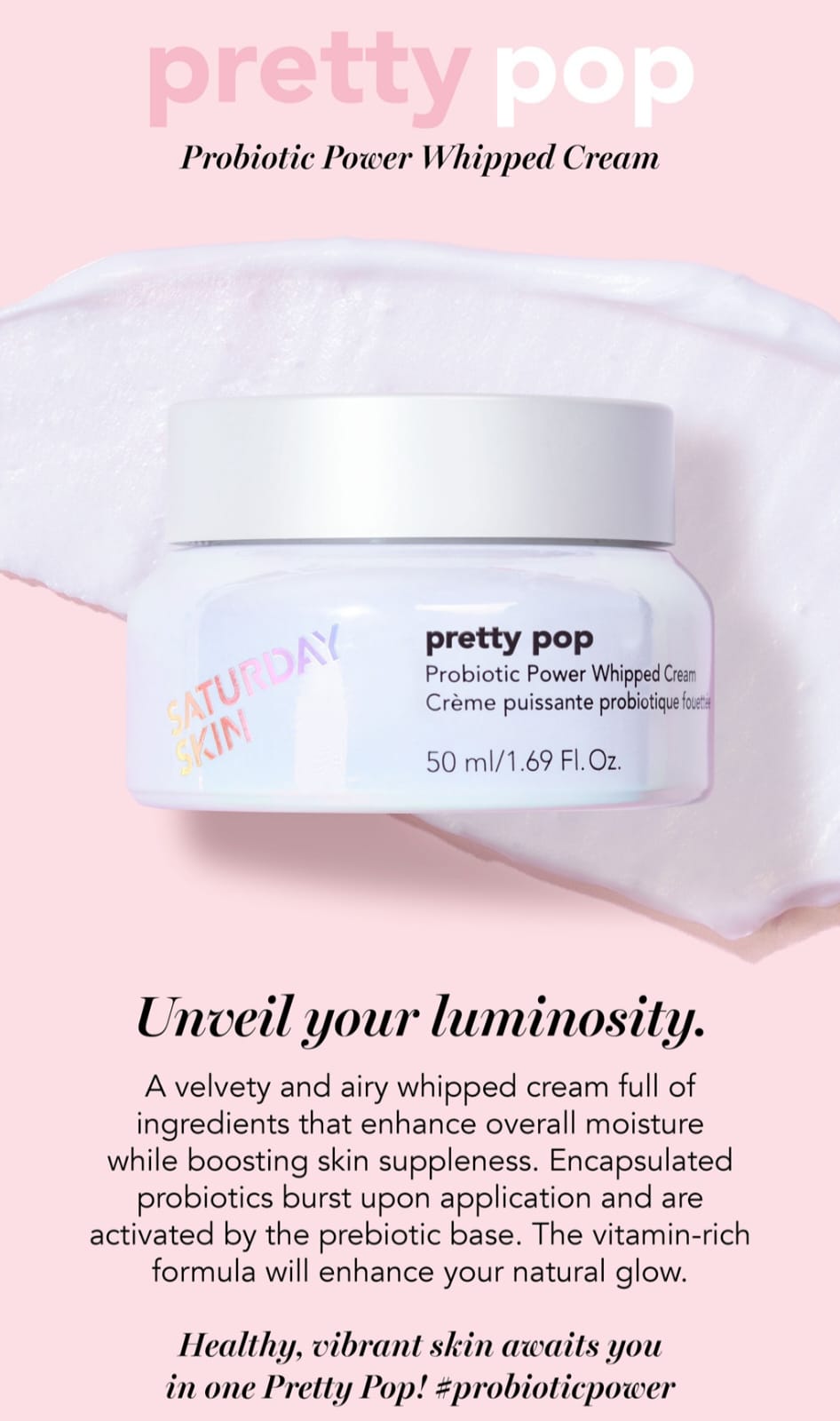 Saturday Skin Pretty Pop Probiotic Power Whipped Cream 50ml - Crema Poderosa con Probioticos.- Producto Coreano