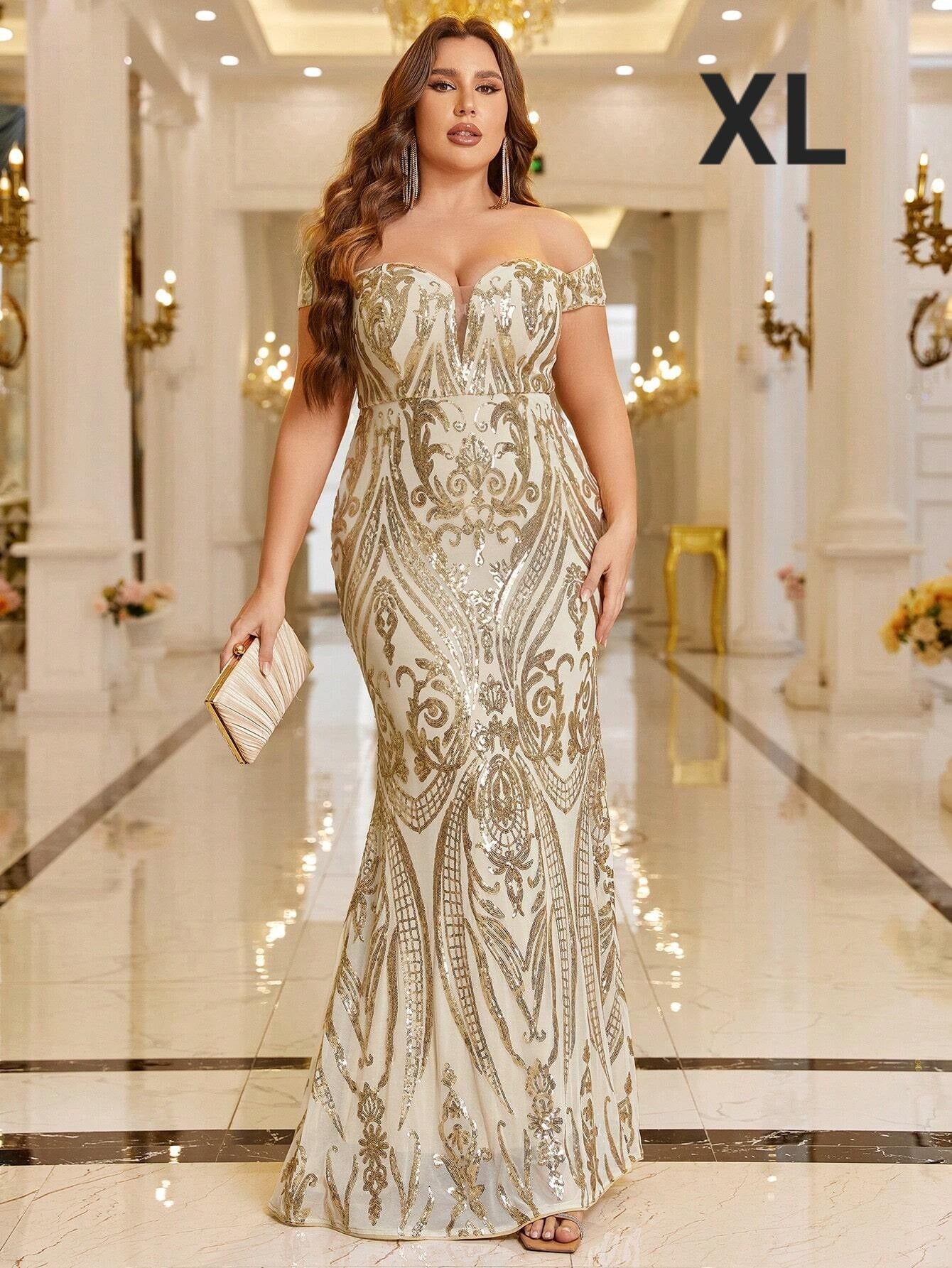 Vestido de Gala Dorado - Stretch - Talla XL