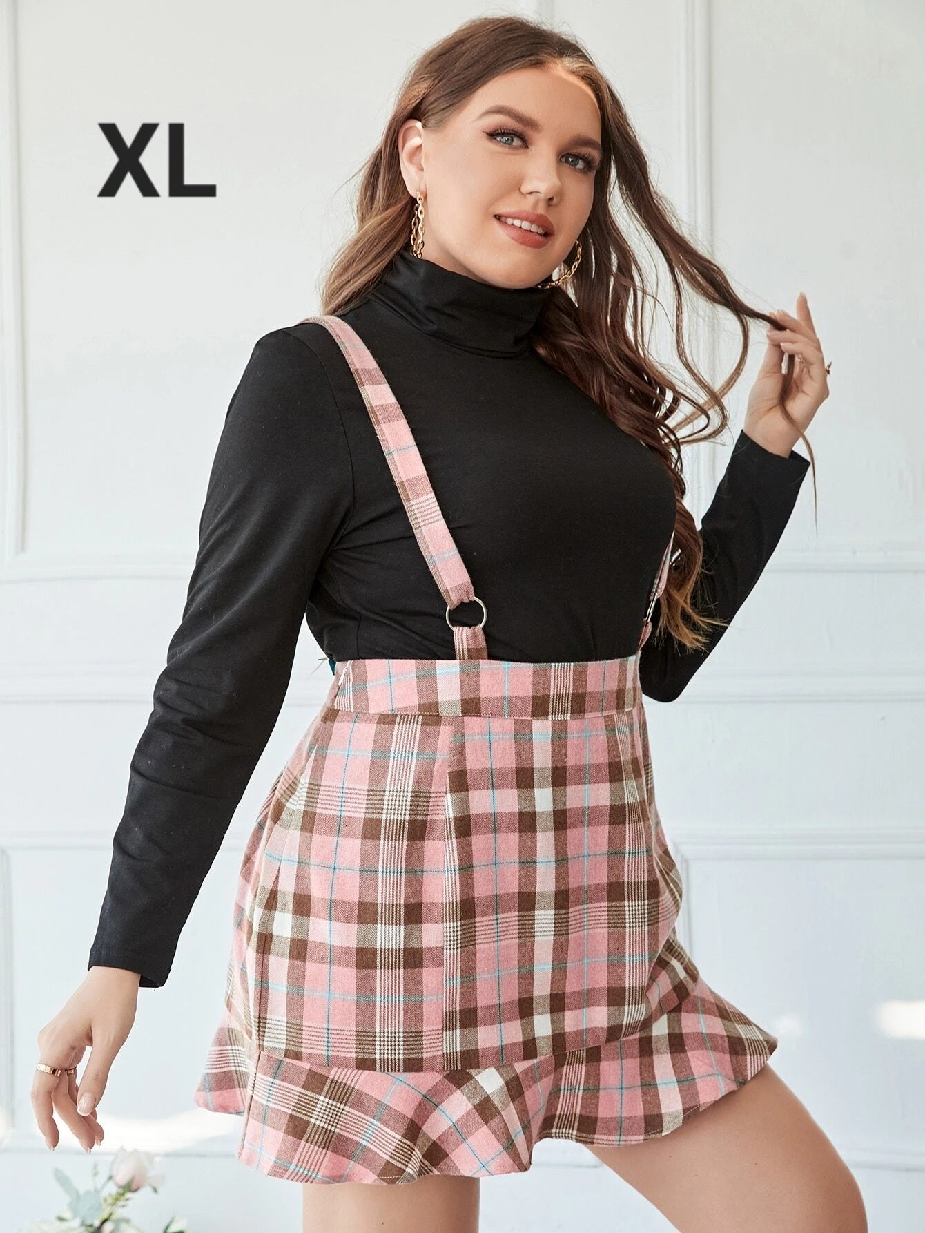 Falda Cuadricula Tipo Overall Rosa - No Stretch -  Talla XL