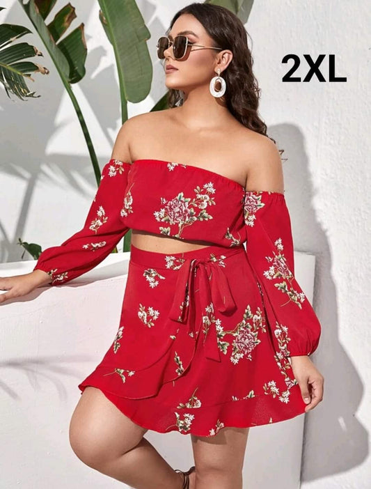 Coordinado Floral Rojo -Stretch - Talla 2XL