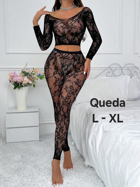 Set de Red Tipo Encaje Top & Medias Negras  - Unitalla L-XL
