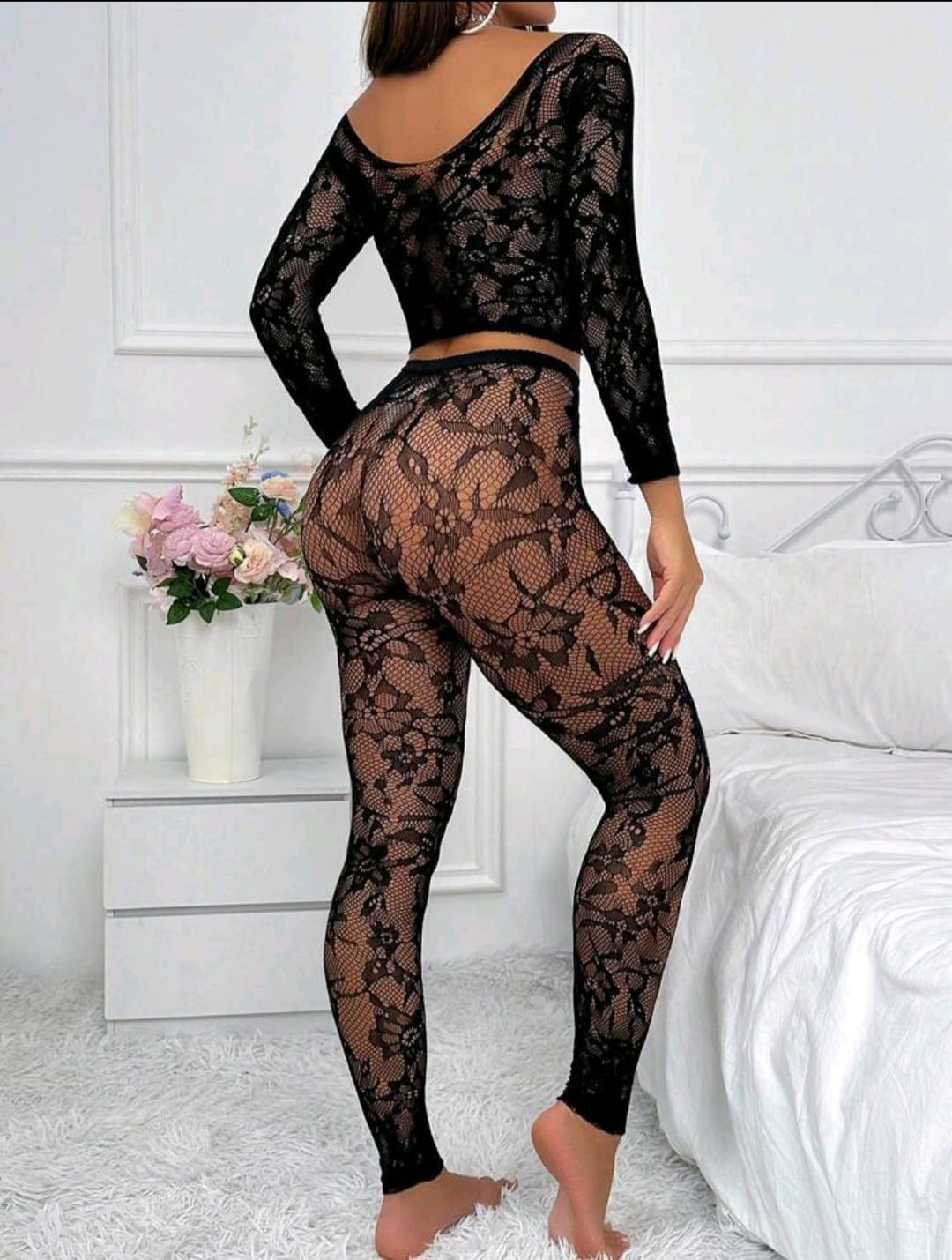 Set de Red Tipo Encaje Top & Medias Negras  - Unitalla L-XL