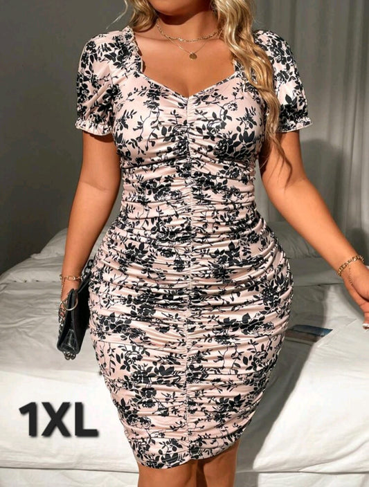 Vestido Floral Beige / Negro - Stretch - Talla 1XL