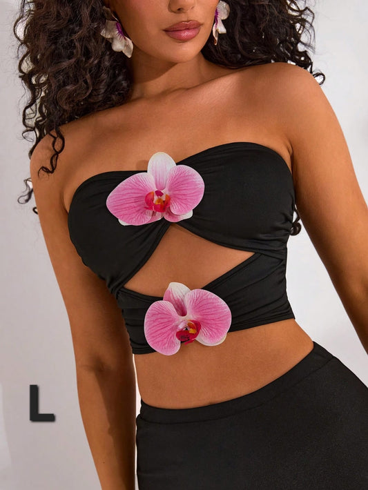 Crop Top Negro / Fuscia - Stretch -  Talla XL
