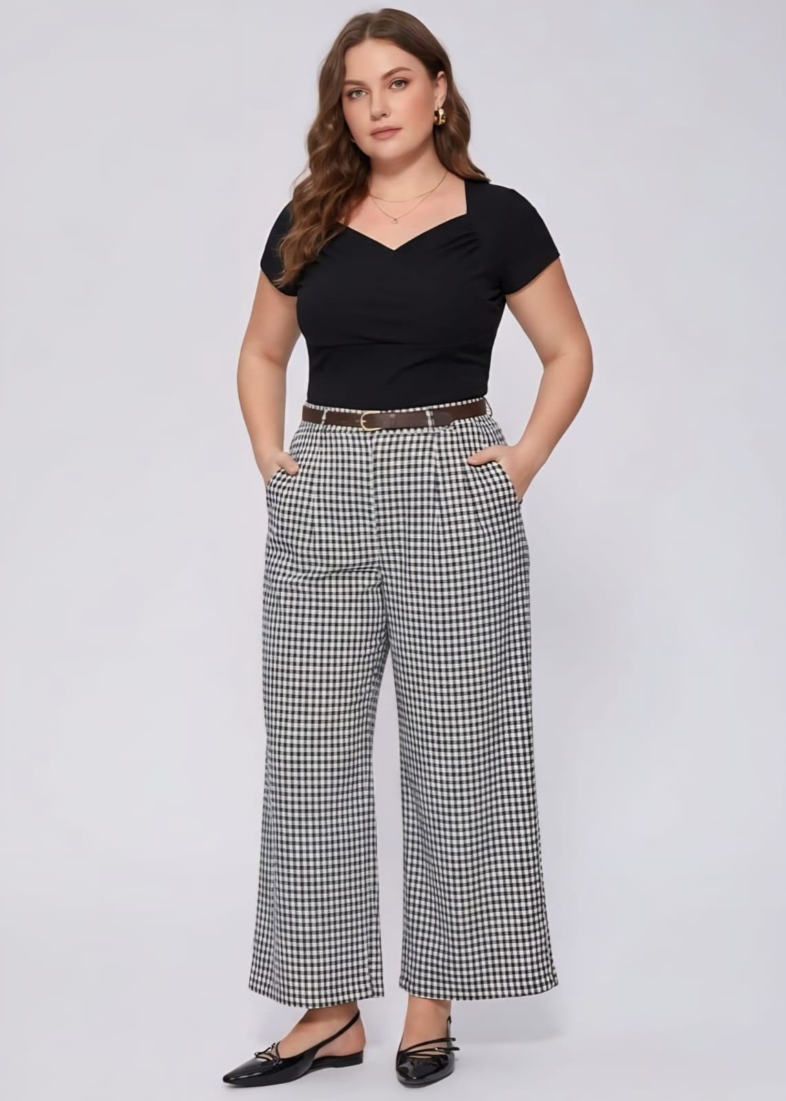 Pantalon Cuadricula Blanco / Negro con Faja - Stretch de la Cintura -  Talla XL