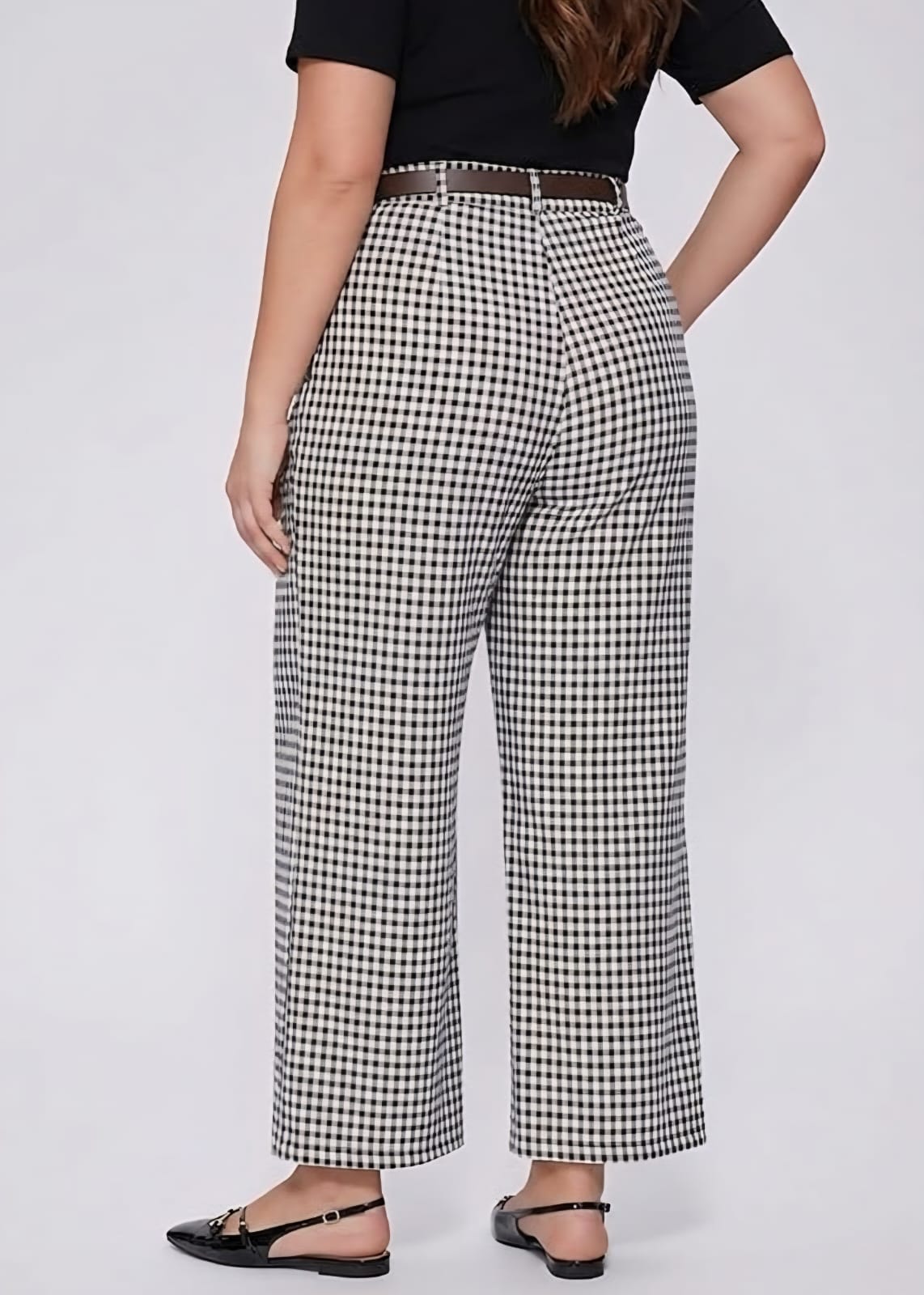 Pantalon Cuadricula Blanco / Negro con Faja - Stretch de la Cintura -  Talla XL