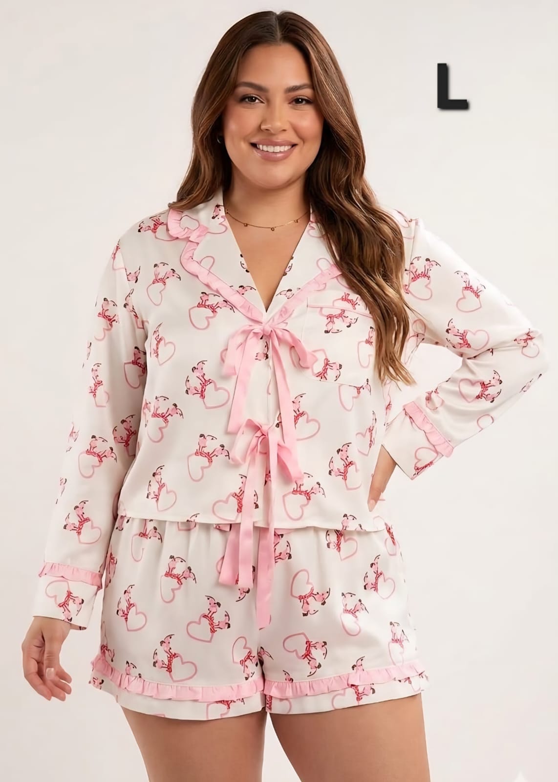 Pijama de Satin Rosa / Blanco Hueso 2 Pzas - No Stretch - Talla XL