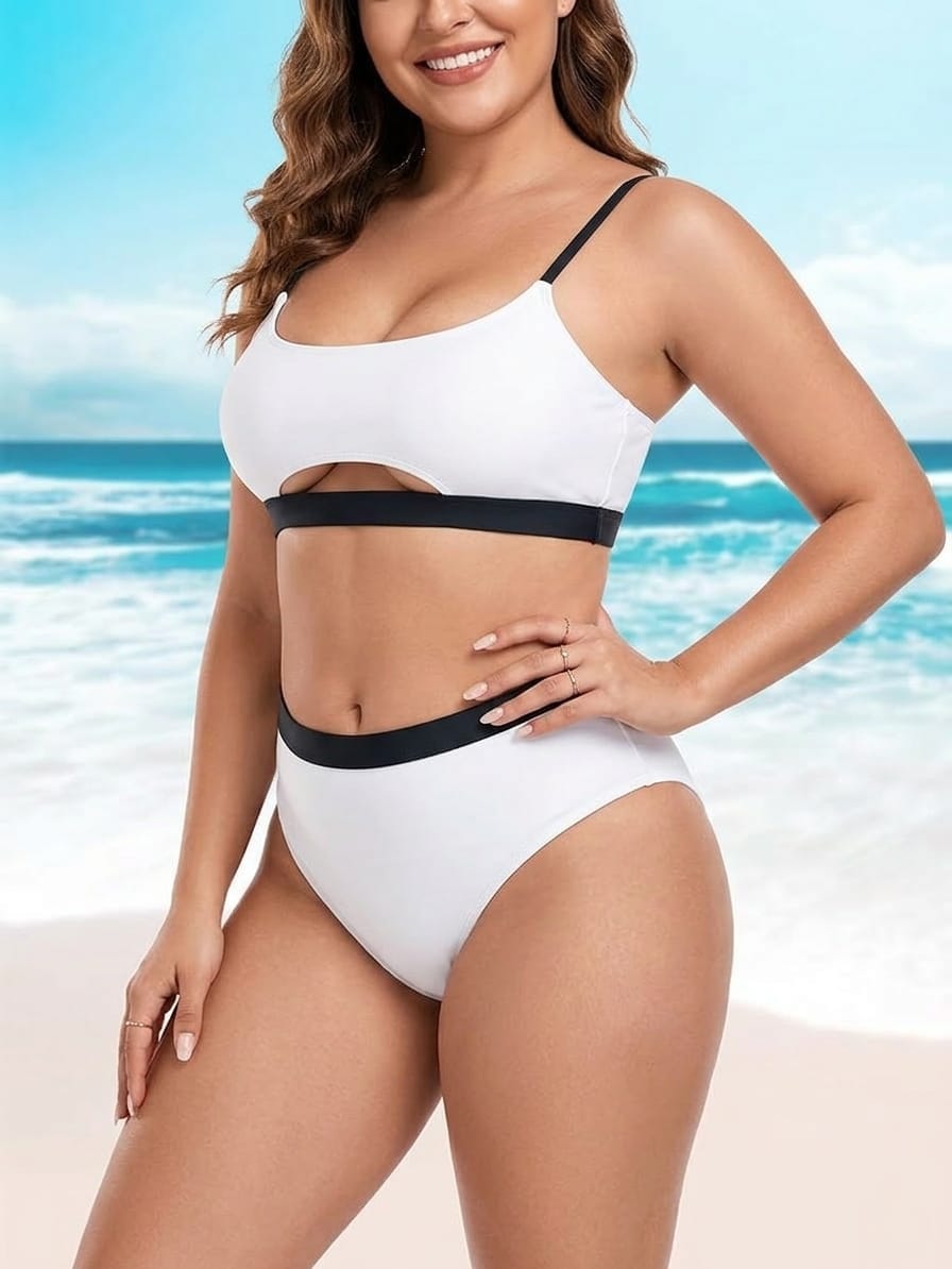 Traje de Baño Blanco / Negro 2 Pzas -  Stretch -  Talla L