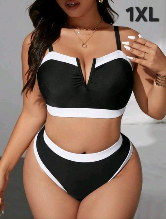 Traje de Baño Negro / Blanco -  Stretch 2 Pzas -  Talla 1XL