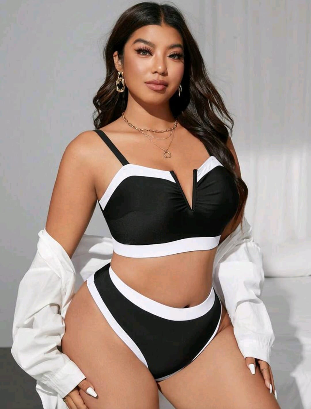 Traje de Baño Negro / Blanco -  Stretch 2 Pzas -  Talla 1XL