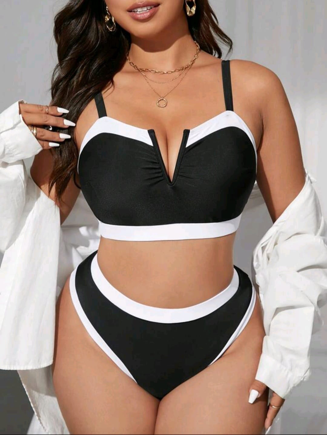 Traje de Baño Negro / Blanco -  Stretch 2 Pzas -  Talla 1XL