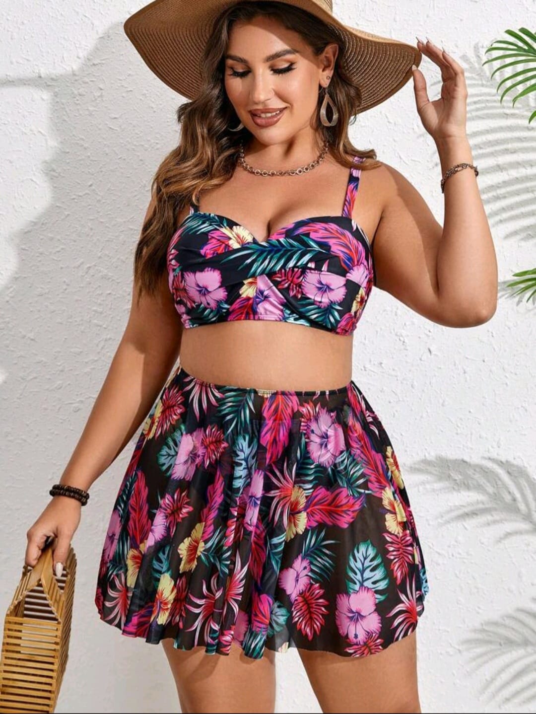 Traje de Baño Floral con Salida de Baño 3 pzas -  Stretch -  Talla 1XL