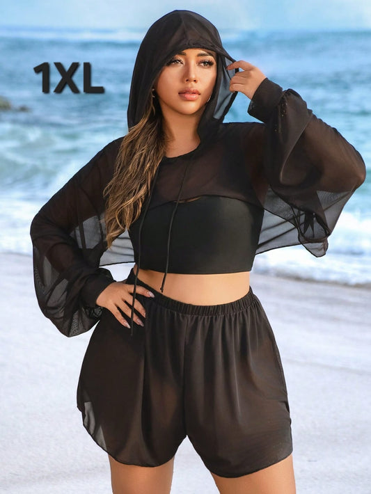 Traje de Baño Negro con Salida de Baño 4 Pzas -  Stretch -  Talla 1XL