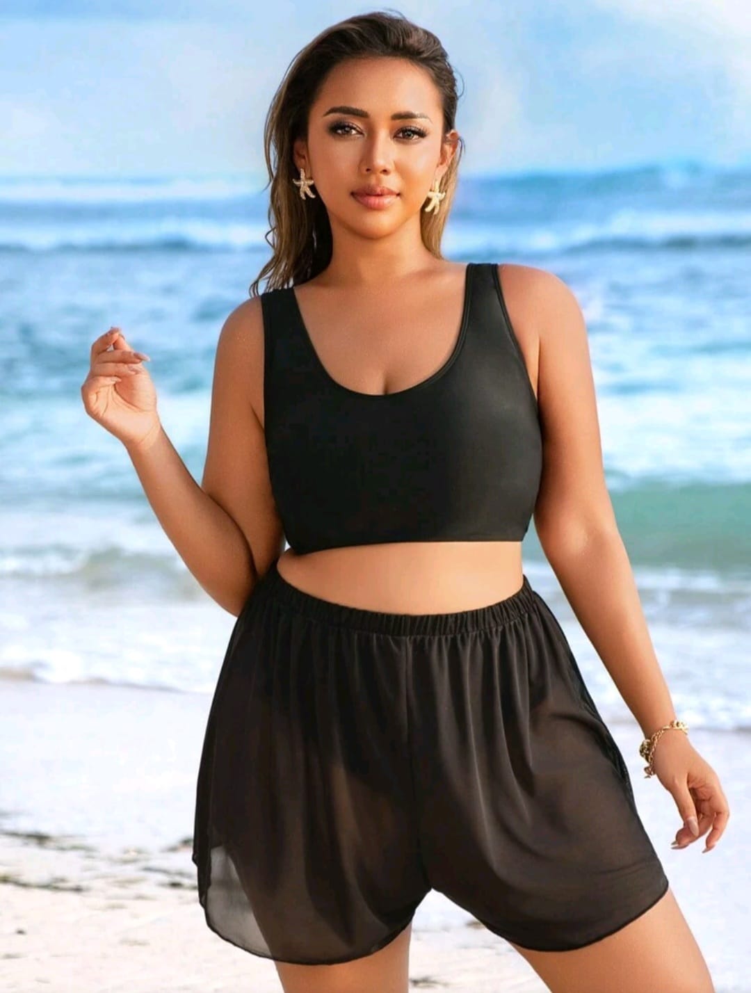 Traje de Baño Negro con Salida de Baño 4 Pzas -  Stretch -  Talla 1XL