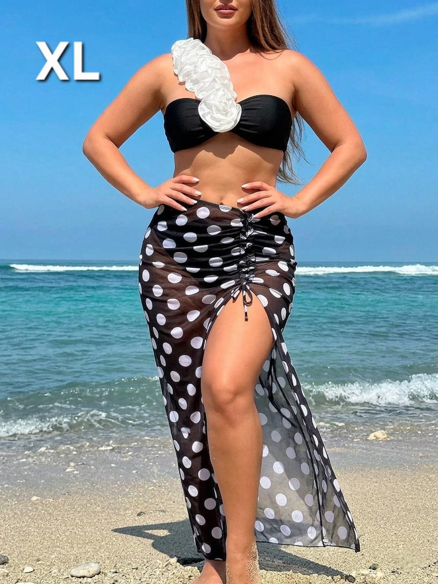 Traje de Baño Negro / Blanco con Salida de Baño 3 Pzas -  Stretch -  Talla XL