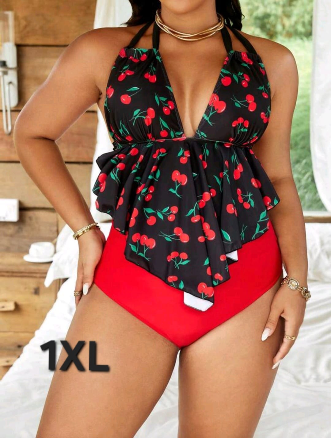 Traje de Baño Negro / Rojo Cereza  -  Stretch -  Talla 1XL