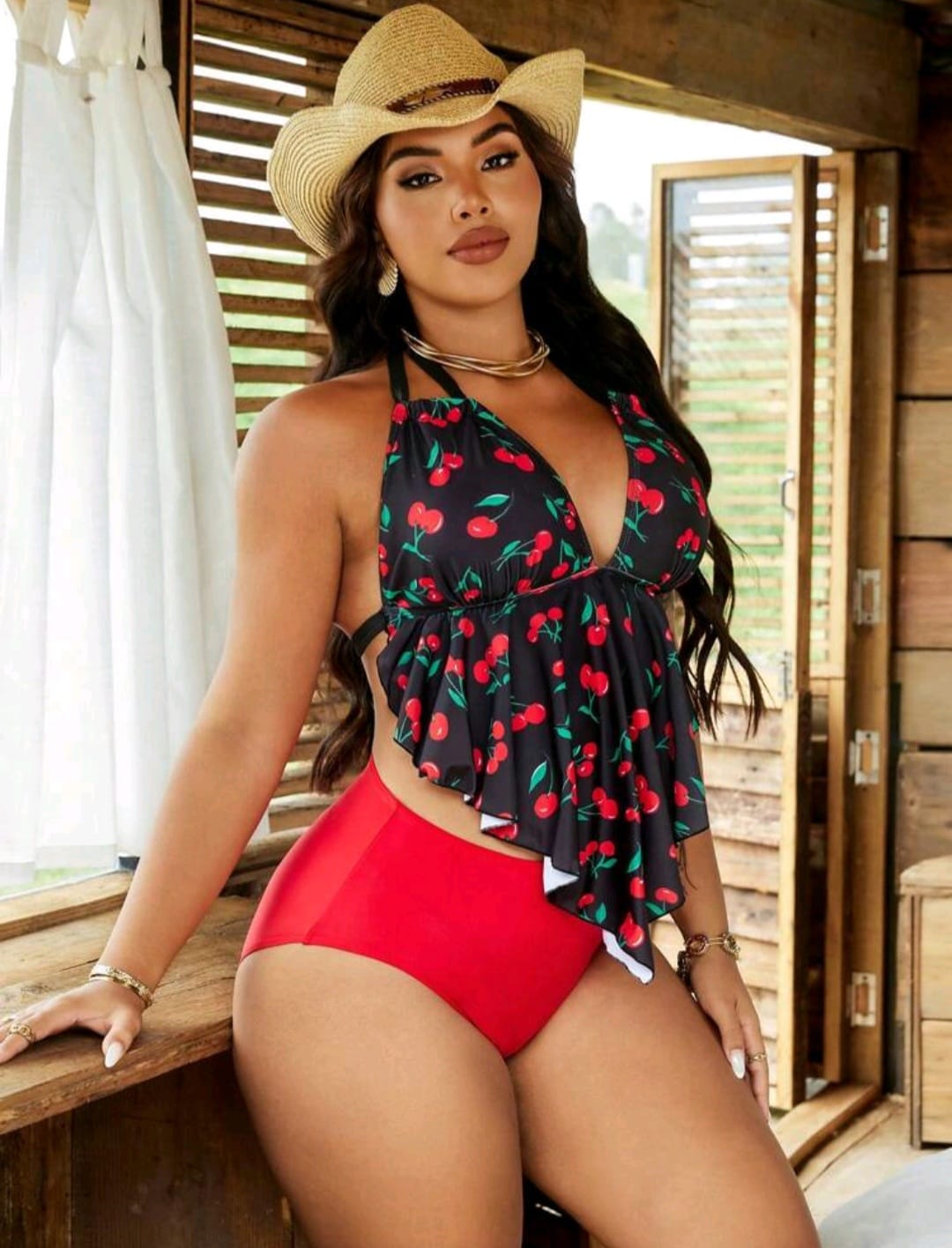 Traje de Baño Negro / Rojo Cereza  -  Stretch -  Talla 1XL