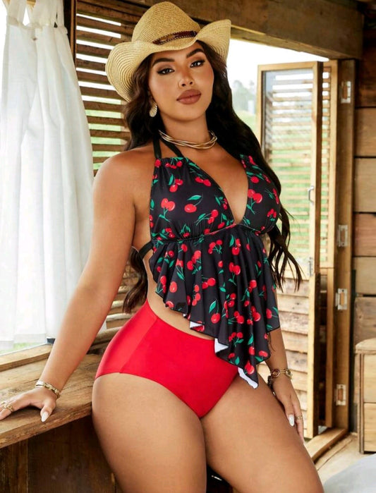 Traje de Baño Negro / Rojo Cereza  -  Stretch -  Talla 1XL