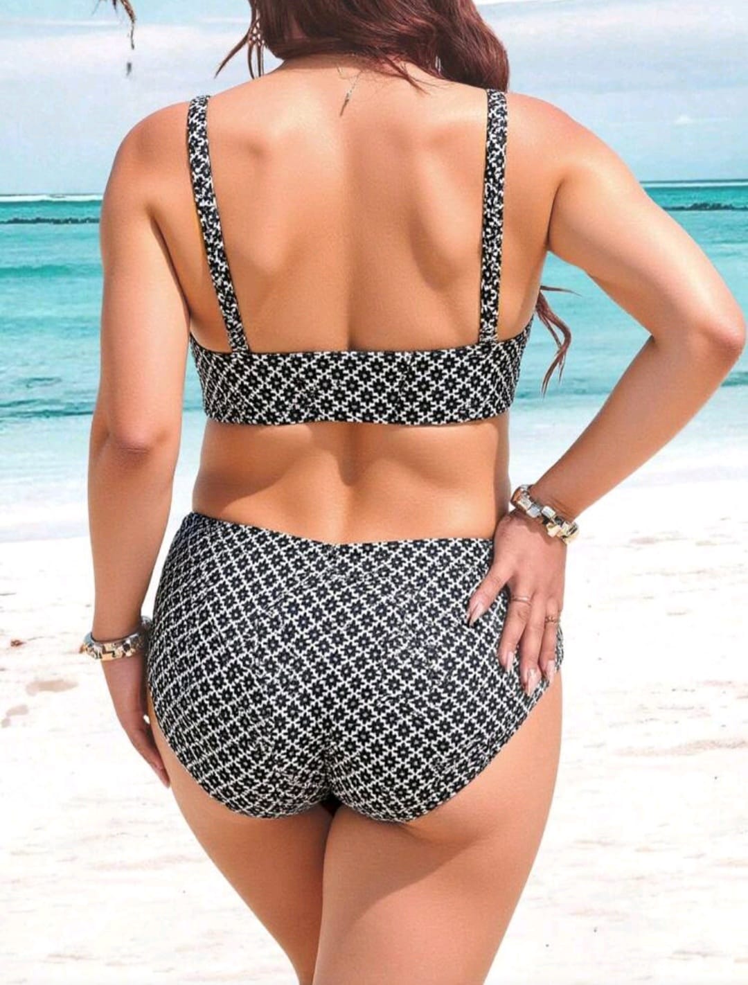 Traje de Baño Floral Blanco / Negro -  Stretch -  Talla 1XL