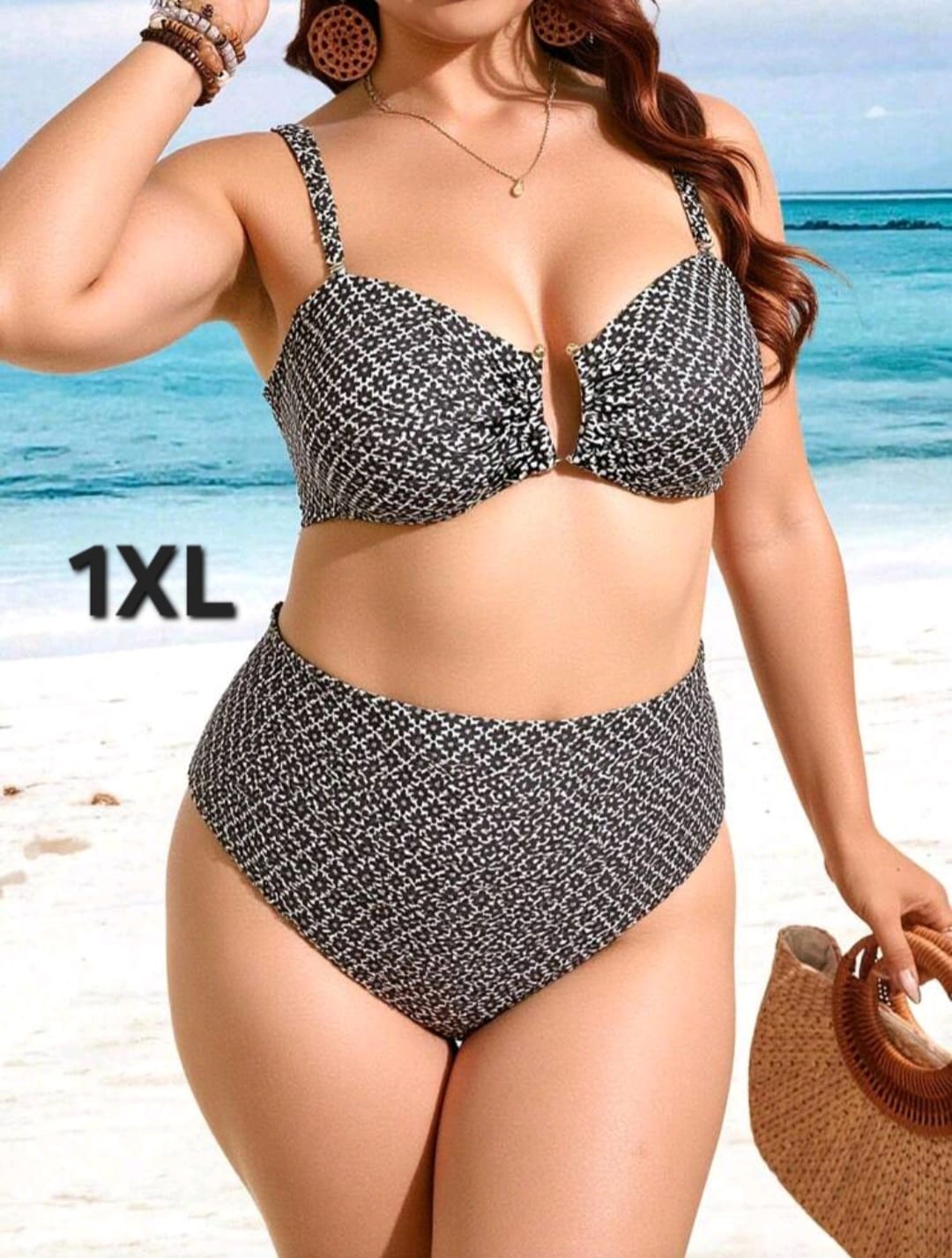 Traje de Baño Floral Blanco / Negro -  Stretch -  Talla 1XL