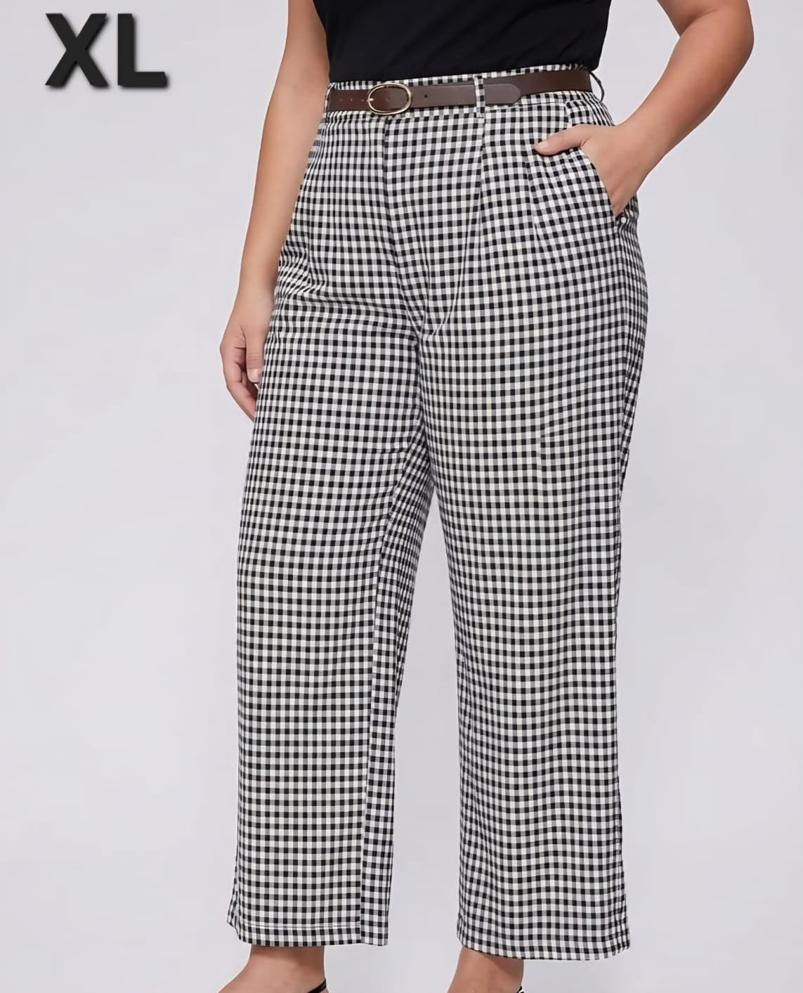 Pantalon Cuadricula Blanco / Negro con Faja - Stretch de la Cintura -  Talla XL