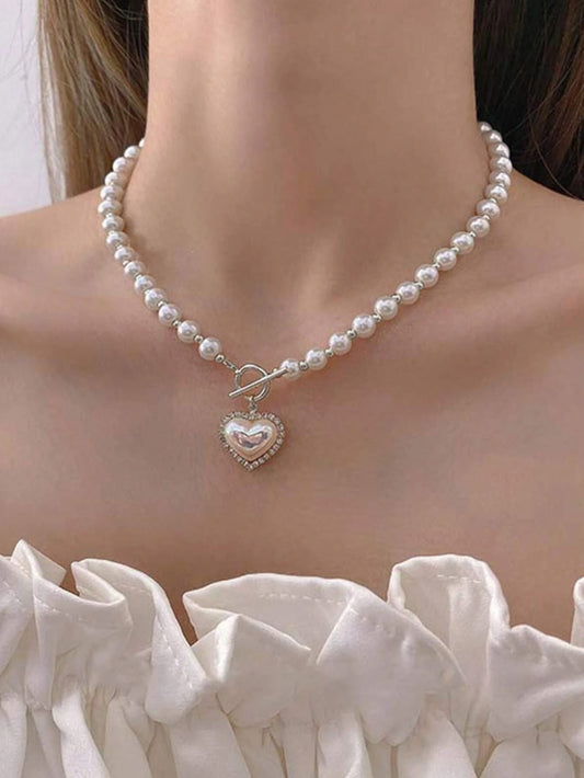 Collar Perlas Corazon - Plateado